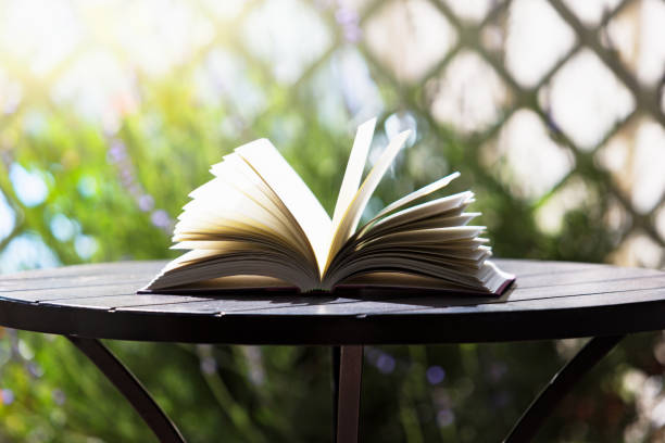 istock Open book resting on an outdoor table in a tranquil idyllic scene 1248484395