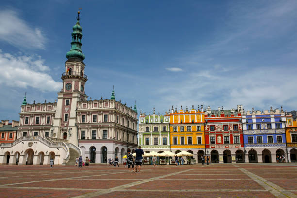 beautiful Market Square of Zamość, Poland It's renaissance town UNESCO World Heritage Site stock photo
