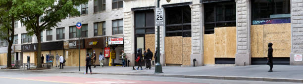 Businesses closed during George Floyd protests in lower Manhattan New York, New York/USA - June 2, 2020: Businesses closed during George Floyd protests in lower Manhattan. Profanity on image has been censored. george floyd protests stock pictures, royalty-free photos & images