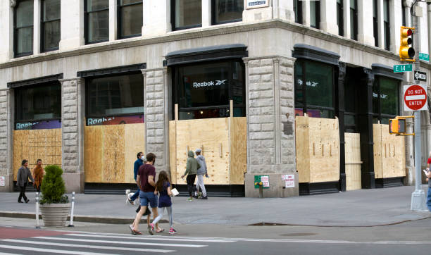 Businesses boarded up downtown Manhattan to prevent looting during George Floyd riots stock photo