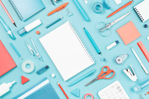 istock Assorted office and school white blue and orange stationery 1248488117