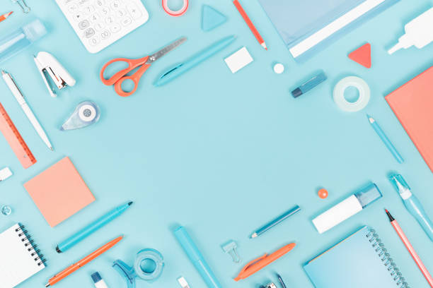 istock Assorted office and school white blue and orange stationery 1248488119