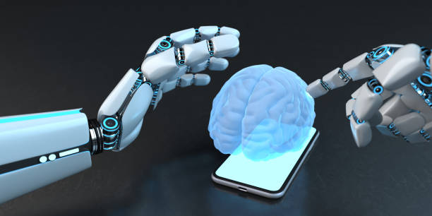 humanoid robot hand smarthone human brain - nerve cell brain engineering cell imagens e fotografias de stock