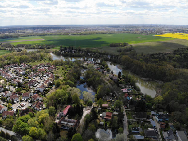 Aerial view of lake Retsee is a medium-sized lake located in the Märkisch-Oder-Land, just below the plateau of the Barnim. It belongs to the village of Hönow and is its largest lake. stock photo