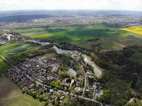 Aerial view of lake Retsee is a medium-sized lake located in the Märkisch-Oder-Land, just below the plateau of the Barnim. It belongs to the village of Hönow and is its largest lake.