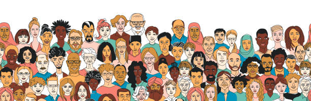 Women's men's children's portraits line drawing doodle poster seamless border Young, middle age, senior adult women's men's children's seamless pattern border background. Diversity multiracial, multiethnic crowd group people. Hand drawn line doodle vector illustration poster old indian stock illustrations