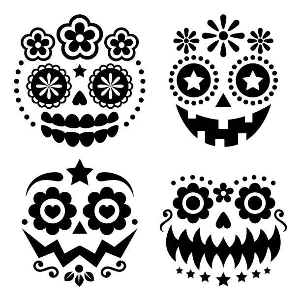 할로윈과 디아 드 로스 무에르토 두개골과 호박 얼굴 벡터 디��자인 - 멕시코 설탕 두개골 스타일의 장식 - day of the dead skull tattoo mexico stock illustrations