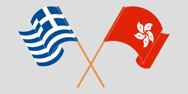 Vector illustration of Crossed and waving flags of Hong Kong and Greece