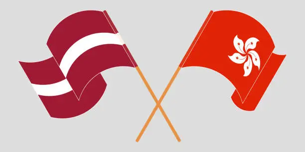 Vector illustration of Crossed and waving flags of Hong Kong and Latvia