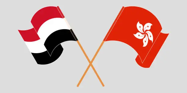 Vector illustration of Crossed and waving flags of Hong Kong and Yemen