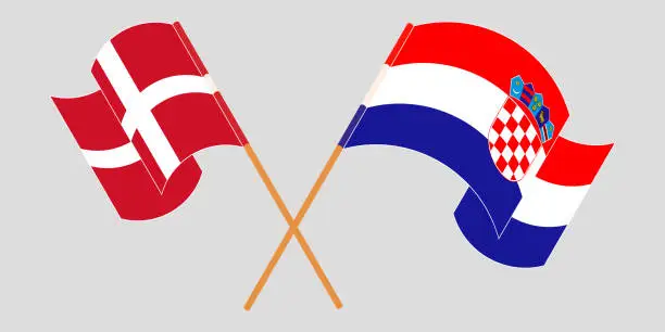 Vector illustration of Crossed and waving flags of Croatia and Denmark