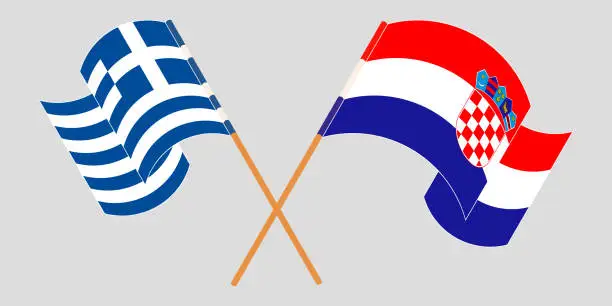 Vector illustration of Crossed and waving flags of Croatia and Greece