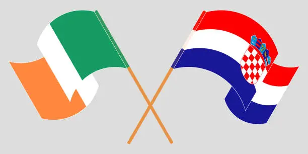 Vector illustration of Crossed and waving flags of Croatia and Ireland