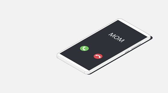 Mom and mother caller, incoming calls. Isometric vector illustration. Realistic white outline smartphone. 3d model isolated on a gray background. Phone interface with two icons accept or reject a call