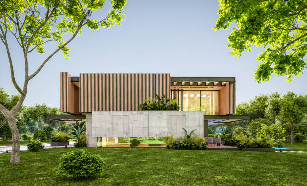 istock 3d rendering of modern house with wood plank facade in evening 1248500101