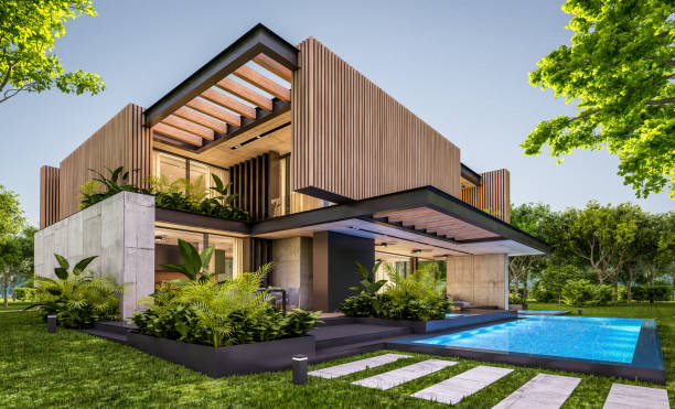 istock 3d rendering of modern house with wood plank facade in evening 1248500102