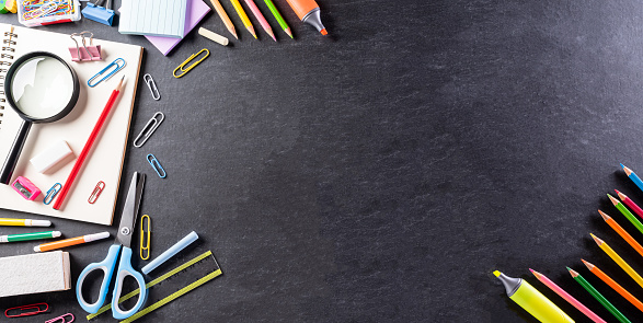 School Supplies On Black Backboard Background Back To School Concept With  Copy Spacetop View Stock Photo - Download Image Now - iStock