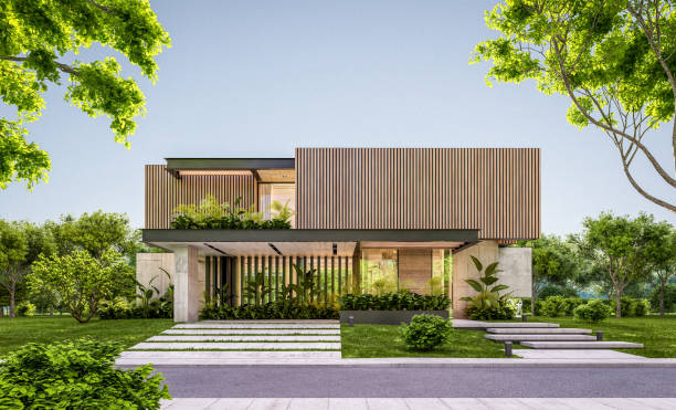 istock 3d rendering of modern house with wood plank facade in evening 1248500249
