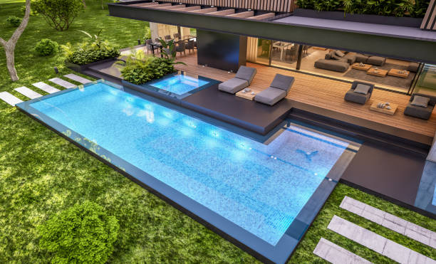 istock 3d rendering of modern house with wood plank facade in evening 1248500482