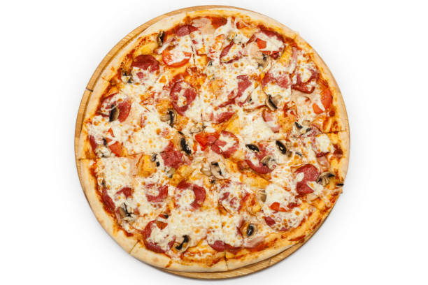 istock Pizza on a wooden board on a white background 1248501987