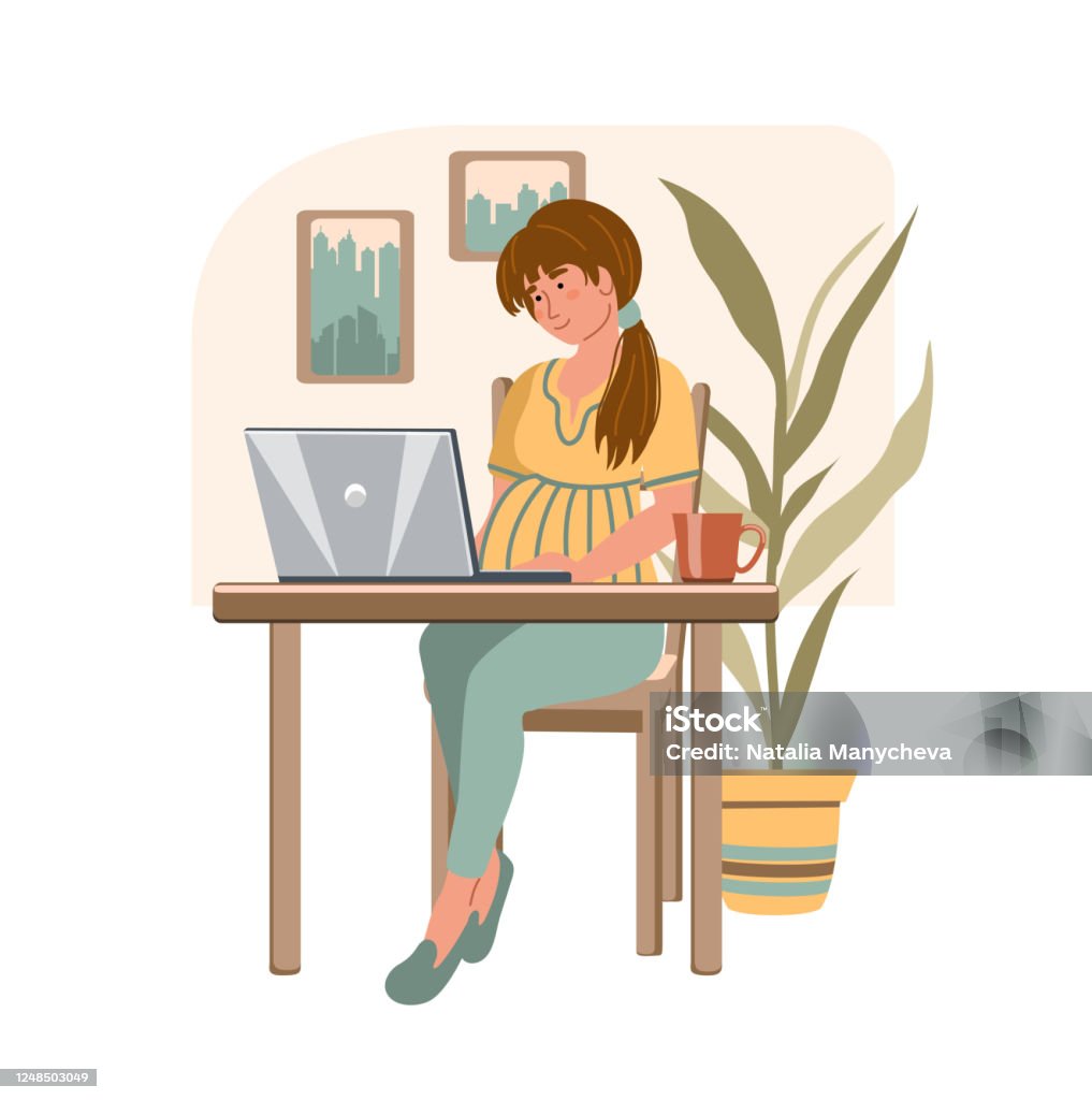 Cartoon Pregnant Woman With Laptop Working From Home Happy Pregnancy Girl  Sitting In Modern Interior Home Office Concept People Who Study Or Work At  Home Vector Illustration In Flat Style Stock Illustration -