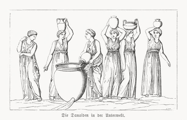 ilustraciones, imágenes clip art, dibujos animados e iconos de stock de los danaids en el inframundo, grabado en madera, publicado en 1868 - zu hell