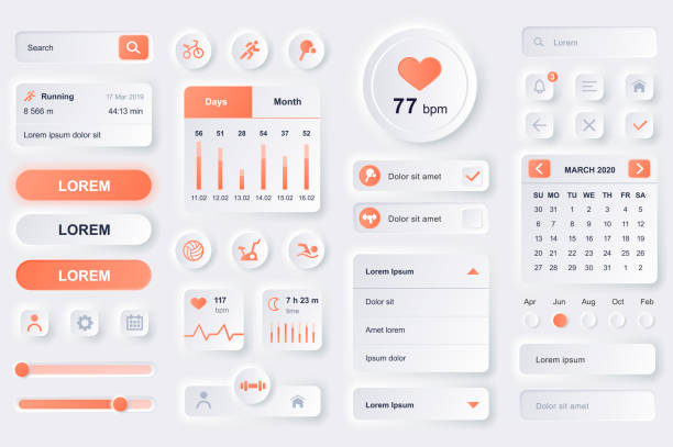 User interface elements for fitness workout mobile app. Fitness tracker, sport activity planner, heart rate monitor gui templates. Unique neumorphic ui ux design kit. User interface elements for fitness workout mobile app. Fitness tracker, sport activity planner, heart rate monitor gui templates. Unique neumorphic ui ux design kit. Manage and navigation components. fitness tracker illustration stock illustrations