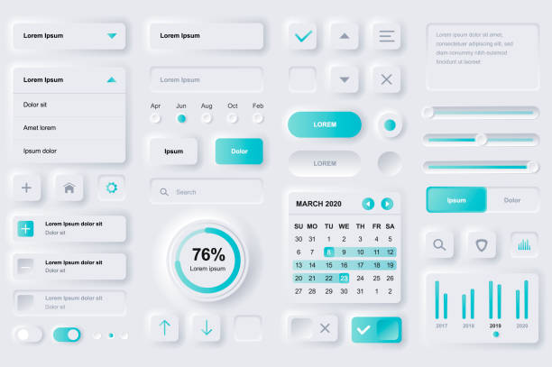 User interface elements for finance mobile app. Financial analytics, time management and planning gui templates. Unique neumorphic ui ux design kit. User interface elements for finance mobile app. Financial analytics, time management and planning gui templates. Unique neumorphic ui ux design kit. Manage, navigation, search form and components. push button illustrations stock illustrations
