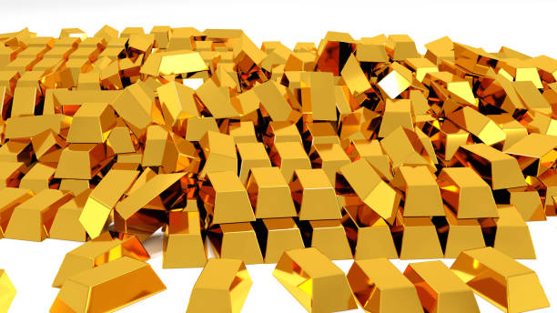 istock close up stack pile of gold bar Scattered, 3d rendering 1248506792