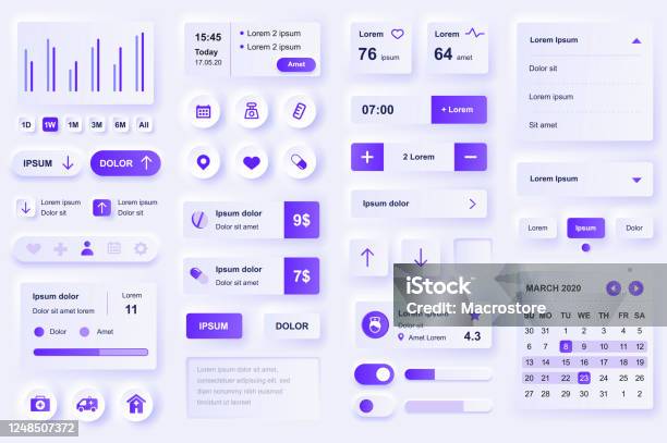 User Interface Elementen Voor Medische Mobiele App Diagnose En Behandeling Apotheek Winkel En Laboratorium Gui Sjablonen Unieke Neumorfe Ui Ux Design Kit Stockvectorkunst en meer beelden van Grafische gebruikersinterface