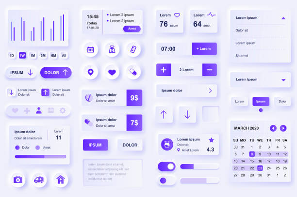 User interface elements for medical mobile app. Diagnosis and treatment, pharmacy store and laboratory gui templates. Unique neumorphic ui ux design kit. User interface elements for medical mobile app. Diagnosis and treatment, pharmacy store and laboratory gui templates. Unique neumorphic ui ux design kit. Manage, navigation, search form and components assembly kit stock illustrations