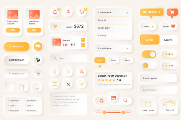 User interface elements for shopping mobile app. Shopping platform navigation, product rating and price gui templates. Unique neumorphic ui ux design kit. User interface elements for shopping mobile app. Shopping platform navigation, product rating and price gui templates. Unique neumorphic ui ux design kit. Manage, search and payment form and component model kit stock illustrations