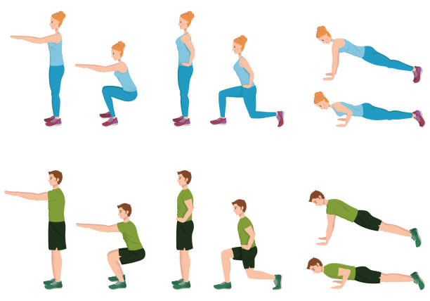 Man and woman doing sport exercises. Man and woman doing sport exercises. Male and female characters in cartoon style. clip art of a squat stock illustrations