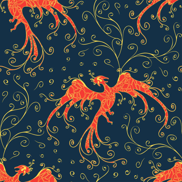 Seamless Vector Pattern With Phoenix On Blue Background Majestic Fire Bird  Wallpaper Design With Curved Lines Mythical Creature Fashion Textile Stock  Illustration - Download Image Now - iStock
