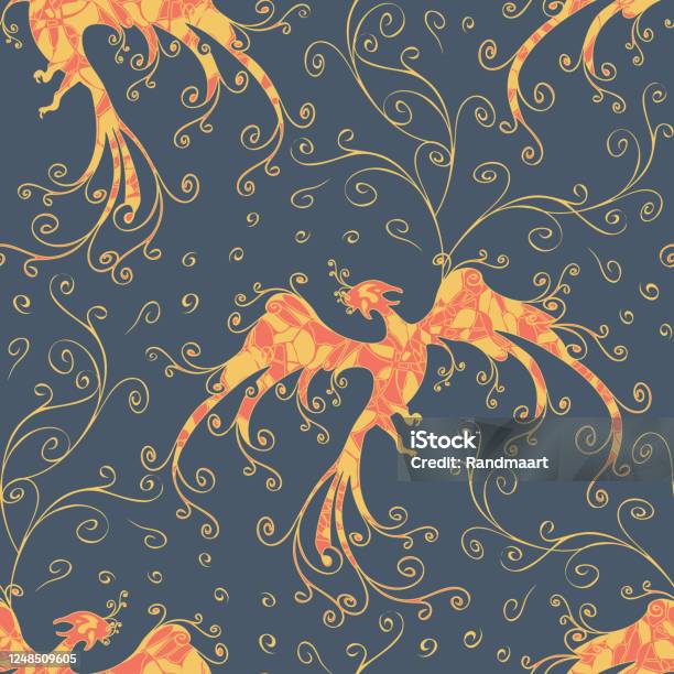 Seamless Vector Pattern With Fire Bird On Blue Background Beautiful Phoenix  Wallpaper Design Mythical Fabric Fashion Stock Illustration - Download  Image Now - iStock