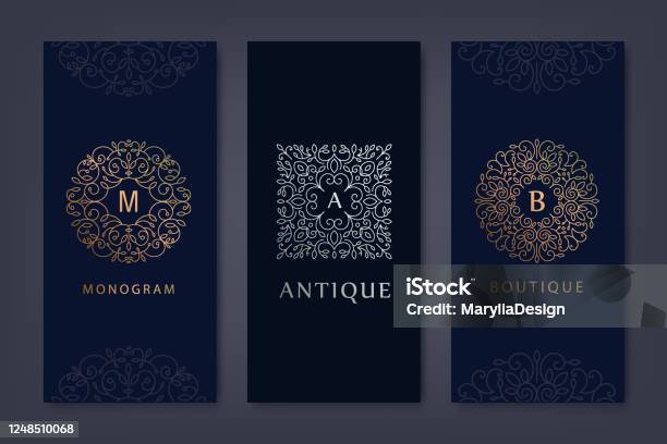 Vector Set Van Logo Design Sjablonen Brochures Flyers Verpakking Ontwerp In Trendy Lineaire Stijl Met Bloemen En Bladeren Gebruik Voor Luxe Producten Huwelijksuitnodigingen Biologische Cosmetica Stockvectorkunst en meer beelden van Wijn