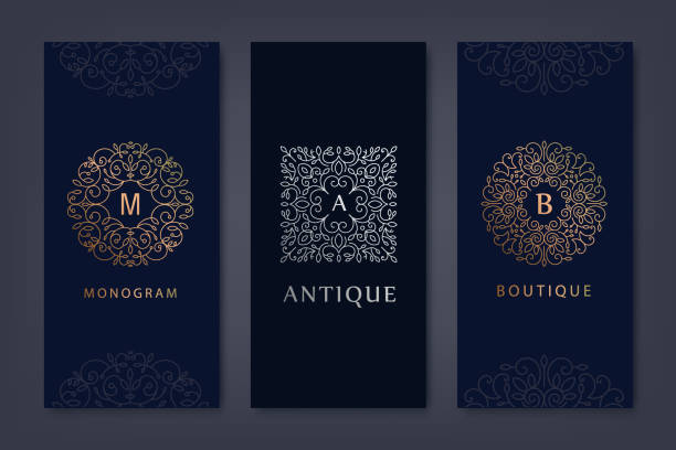 Vector set of logo design templates, brochures, flyers, packaging design in trendy linear style with flowers and leaves. Use for luxury products, wedding invitations, organic cosmetics Vector set of logo design templates, brochures, flyers, packaging design in trendy linear style with flowers and leaves. Use for luxury products, wedding invitations, organic cosmetics, wine packaging wine-circle stock illustrations