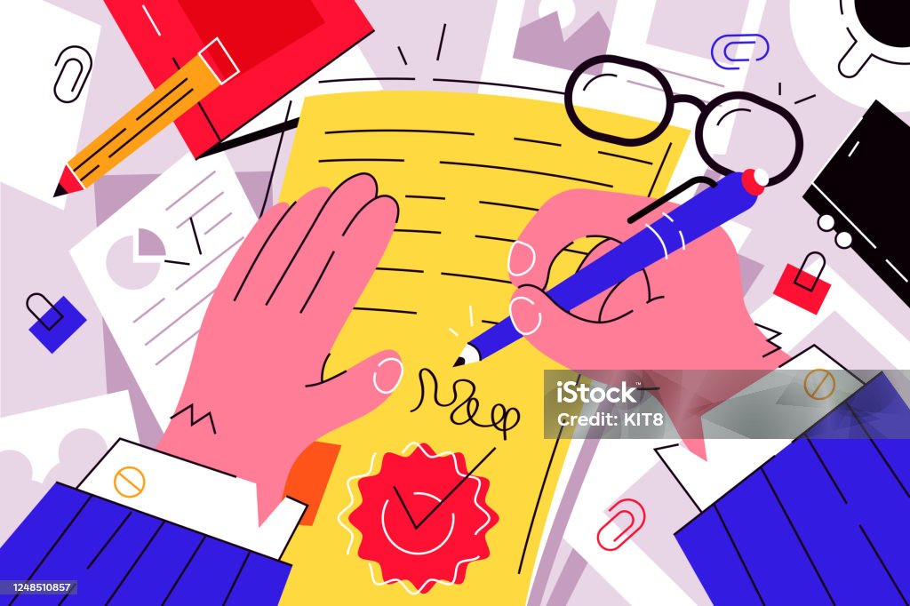 Businessman signing documents Businessman signing documents vector illustration. Boss signature on important papers flat style design. Paperwork. Business and conclusion of contract concept Lawyer stock vector