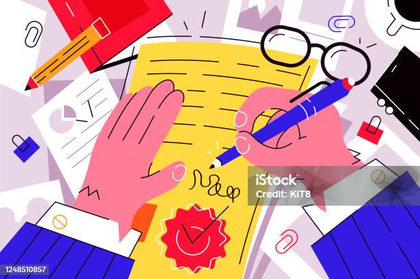 Businessman Signing Documents Stock Illustration - Download Image Now - Lawyer, Hand, Pen
