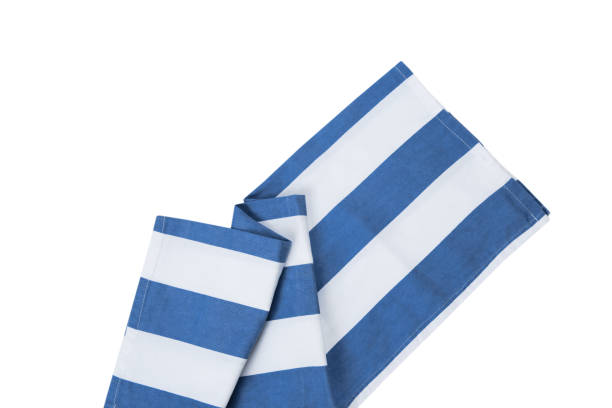 niebieskie paski z tkaniny kuchennej ręcznik z góry widok na białym tle. - striped textile tablecloth pattern zdjęcia i obrazy z banku zdjęć