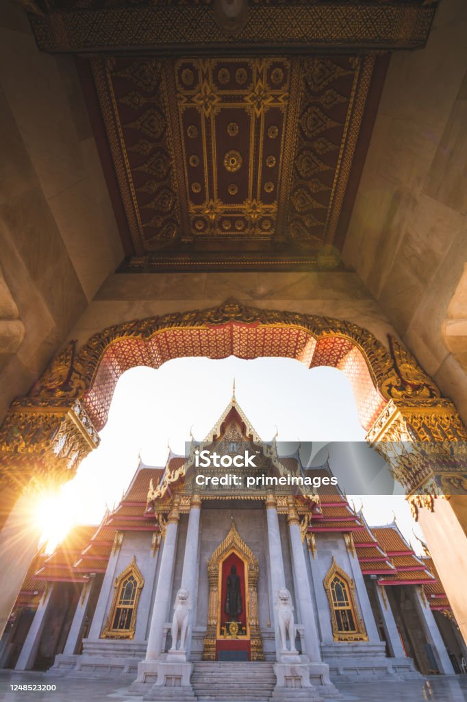 Wat Benchamabopit Dusitvanaram a famous temple in Bangkok The Marble Temple in Bankgok Thailand. Locally known as Wat Benchamabophit the most famaus tourist place in bangkok Grand Palace - Bangkok Stock Photo