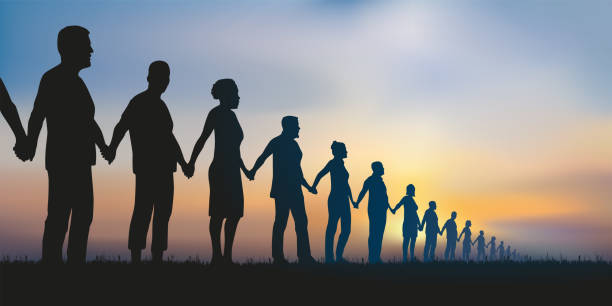 Concept of solidarity with a group of people who form a human chain to demonstrate. Concept of the human chain and solidarity with a group of aligned people who join hands to show that unity is strength. concept stock illustrations
