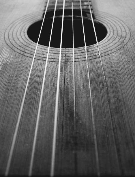 istock Old acoustic guitar soundhole and strings 1248524197