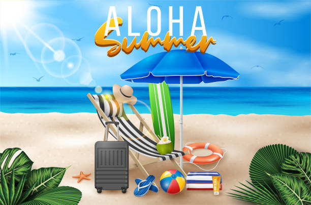 istock Vector Summer Holiday Illustration with Beach Ball, Palm Leaves, Surf Board and Typography Letter on Blue Ocean Landscape Background. 1248525908