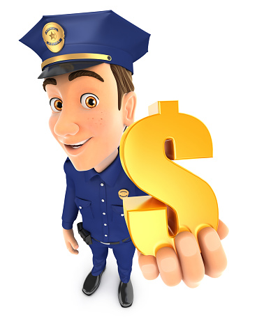3d policeman holding gold dollar sign, illustration with isolated white background