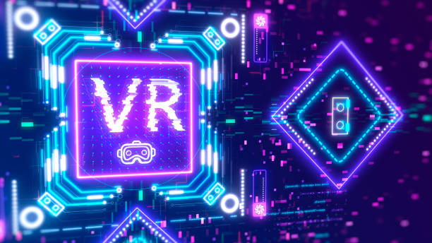 istock VR symbol on neon digital background. Virtual reality technology sign 1248526177