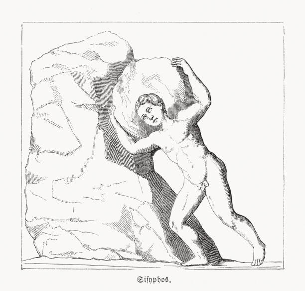 ilustraciones, imágenes clip art, dibujos animados e iconos de stock de sísifo rodando una piedra, grabado en madera, publicado en 1868 - zu hell