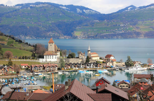 Spiez harbour, Spiez Castle and Lake Thun. Switzerland, Europe. Spiez, Switzerland - March 07, 2020: Visiting Spiez town on a sunny morning in March. Spiez is located on the southern shore of Lake Thun. thun interlaken winter switzerland stock pictures, royalty-free photos & images
