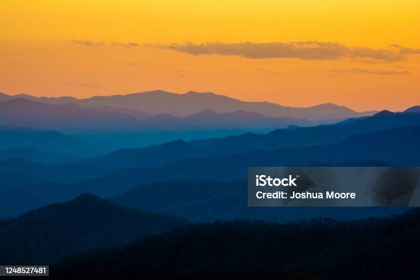 Blue Ridges At Sunset Stock Photo - Download Image Now - Blue Ridge Mountains, Sunset, Great Smoky Mountains