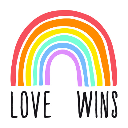 Love wins rainbow, gender equality concept, peace, tolerance, hand-drawn graphic design element, hand lettering, vector illustration